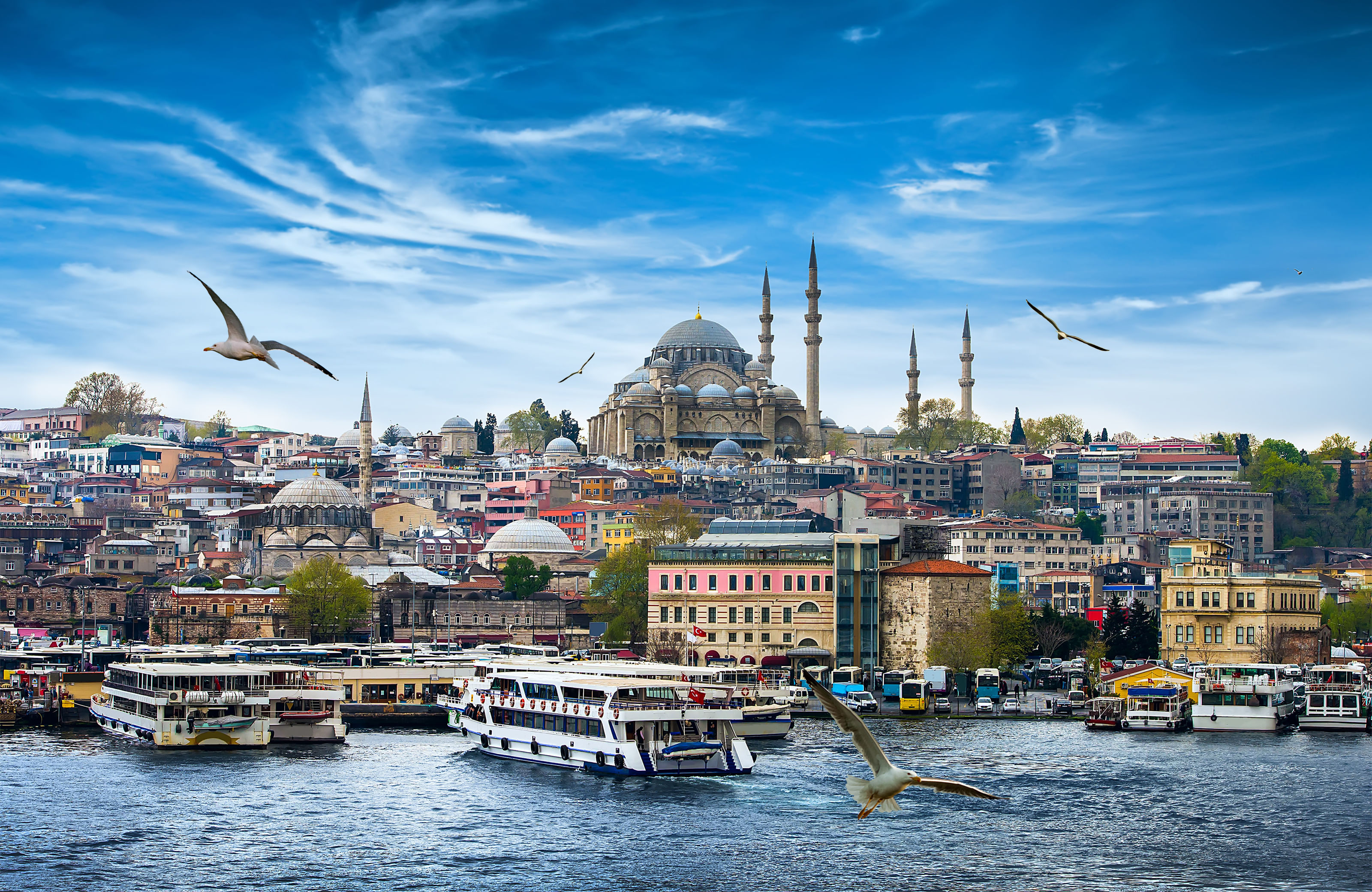 Alt text: “Panoramic view of Istanbul’s Eminönü district showing the Süleymaniye Mosque with its large domes and minarets overlooking the wa