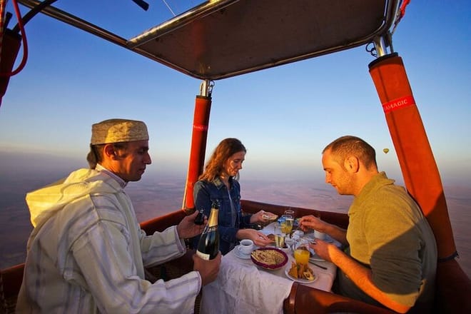 Discover the magic of Marrakech from above with a hot air balloon ride, complete with a meal served in the sky. Enjoy panoramic vistas and a truly unique culinary experience.