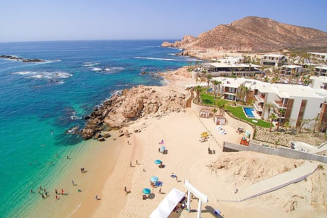 View of Santa Maria Beach and turquoise snorkeling bay in Los Cabos