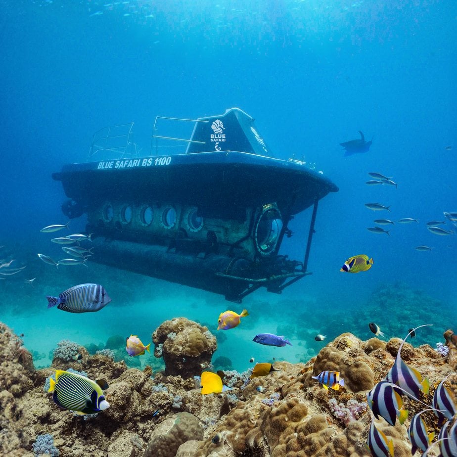 The Blue Safari submarine on the reef off Trou aux Biches, Mauritius