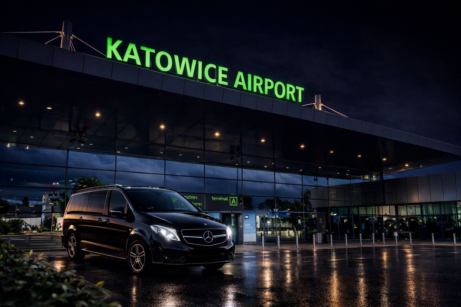 Luxury airport transfer Katowice KTW at night, private black van in front of Katowice Airport terminal with wet asphalt reflections