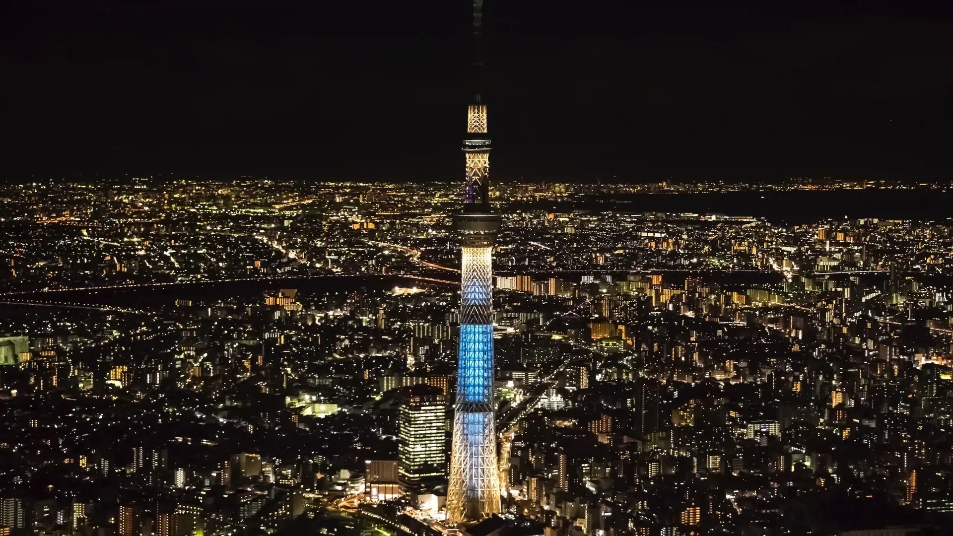 An aerial nighttime view shows a tall illuminated broadcasting tower piercing the skyline, surrounded by a vast grid of glowing city streets at COMBO: Tokyo Skytree + teamLab Planets TOKYO Tickets.