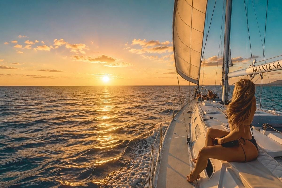 Beautiful woman enjoys the stunning sunset in Curacao on private tour Maxie Sailing