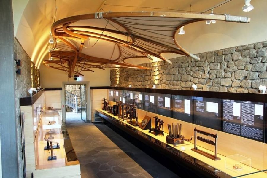 One of the halls of Museo Leonardiano in Vinci, with some inventions by Leonardo on display