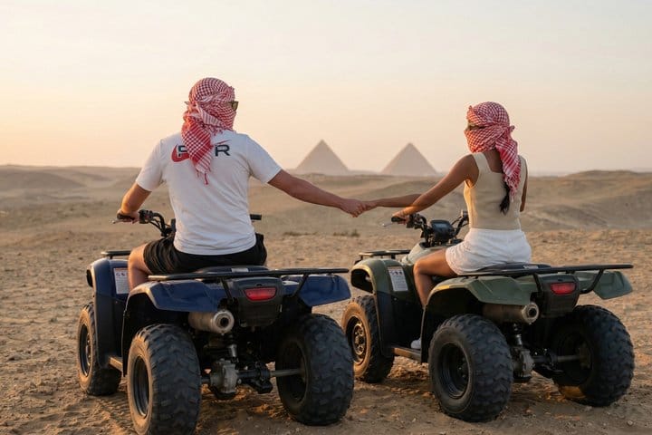 pyramids visible in the distance