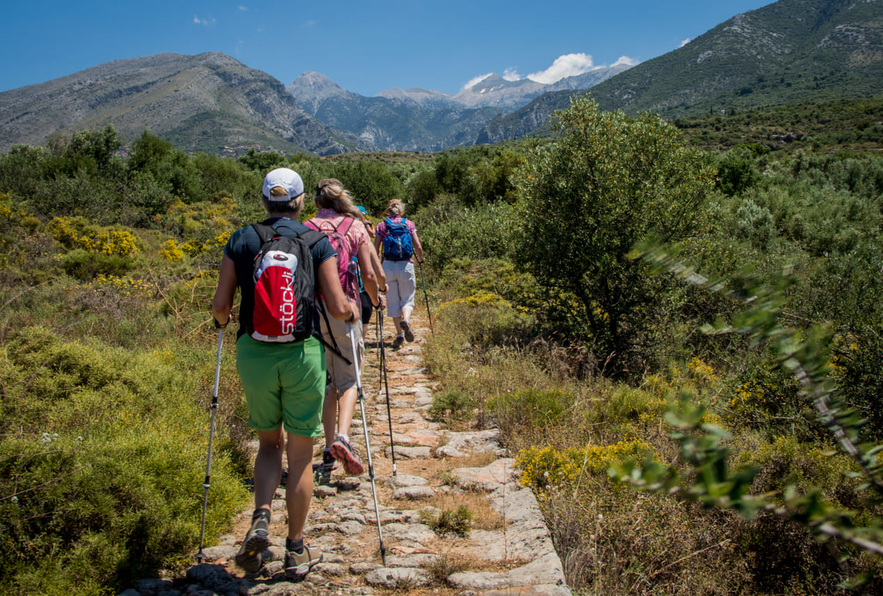 Hiking to Exochori village with mt Taygetos in the background