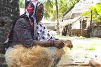 Local woman making rope from coconut fibre