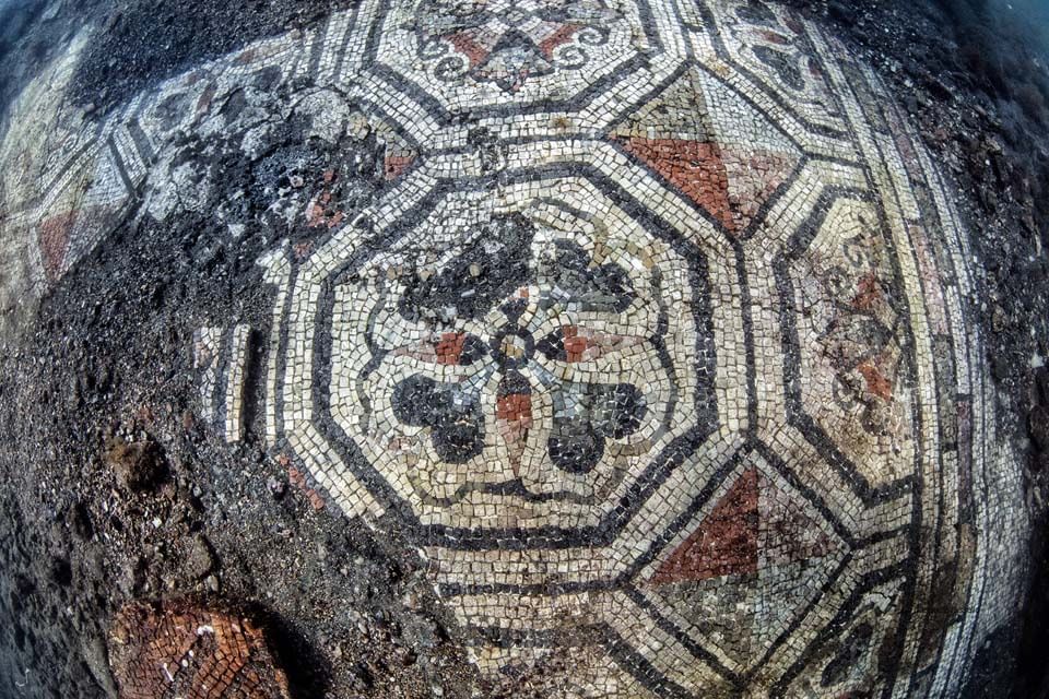 Polycromus mosaic in the Thermae of Lacus, displayng a geometric shape with flowers.