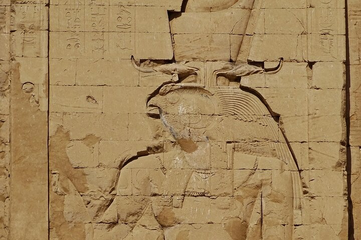 Edfu Temple ancient Egyptian carvings during a private Luxor to Aswan tour by White Angels Travel Egypt