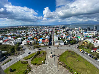View of downtown Reykjavik from the top of Hallgrímskirkja in a sunny day