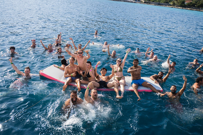 The whole boat on the float at the Blue Lagoon swim stop