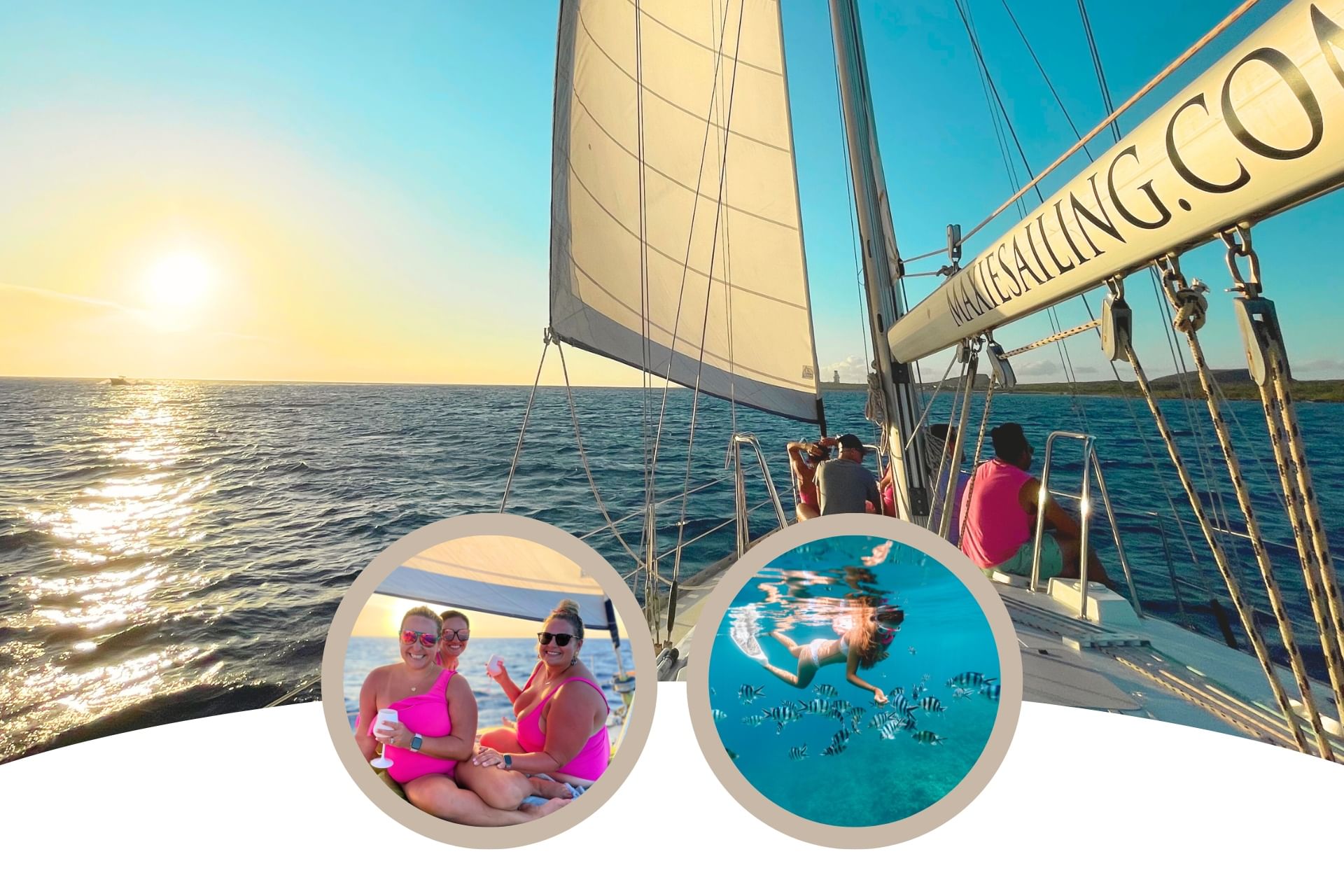 Friends celebrating while sailing at sunset cruise curacao with Maxie Sailing Curacao