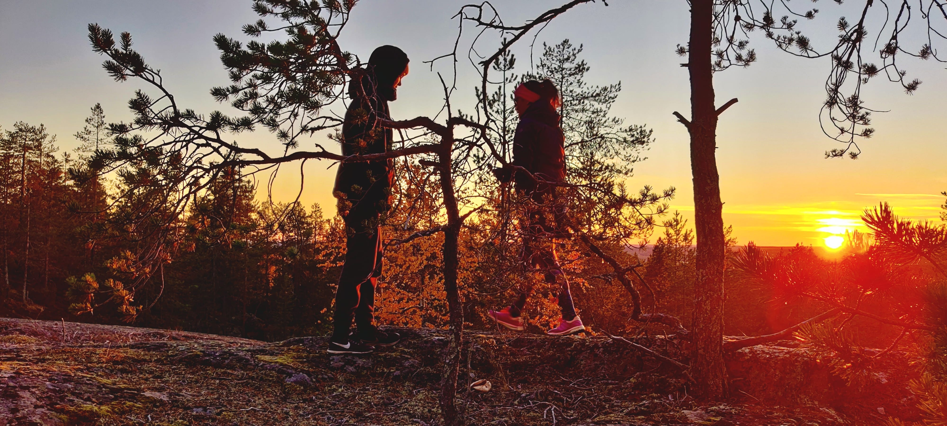 Autumn colors and people are enjoying sunset.