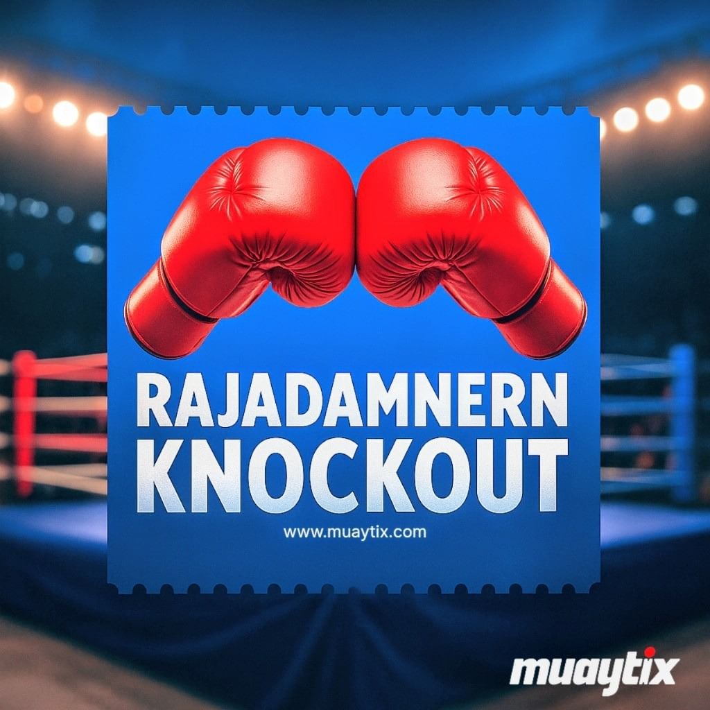 Red boxing gloves graphic promoting Rajadamnern Knockout Tuesday, the official Muay Thai fight night at Rajadamnern Stadium Bangkok, present