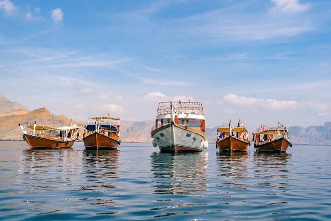 Your adventure starts aboard a traditional Omani Dhow, navigating the breathtaking fjords of Musandam Khasab. Spend the day cruising, swimming, and searching for dolphins before your Overnight stay an