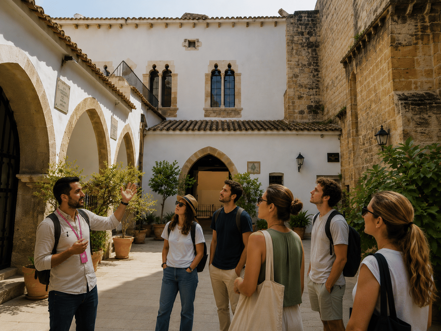 Small group listening to a guide inside the historic courtyard of San Juan del Hospital in Valencia