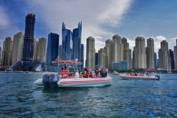The best view of Bluewaters Island! Get high-speed views of Ain Dubai and the dazzling Bluewaters complex on your Dubai Speedboat: Marina, JBR &amp; Ain Dubai Skyline Cruise!