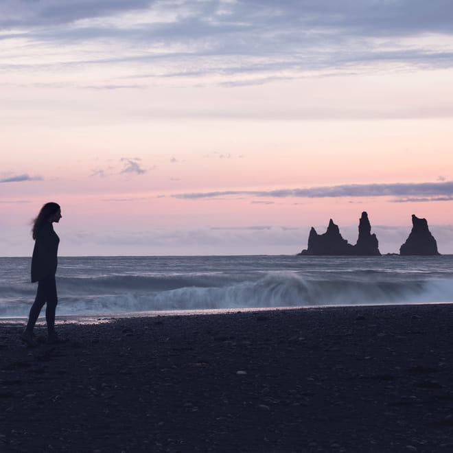 Gazing at the majestic seastacks at Vík village South Coast Iceland