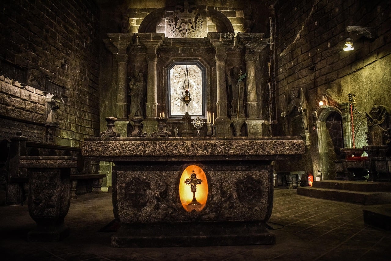 Ornate altar carved entirely from rock salt inside St. Kinga's Chapel, Wieliczka Salt Mine