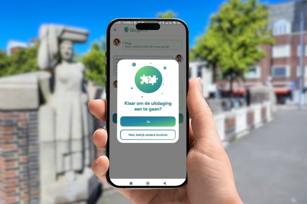 Phone showing the app interface of a challenge of the Groningen City Detective game.