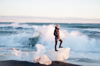 Icebergs on attacked by the ocean at Diamond Beach, Glacier Lagoon Iceland