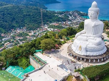 Aerial view big buddha white on the mountain at phuket thailand