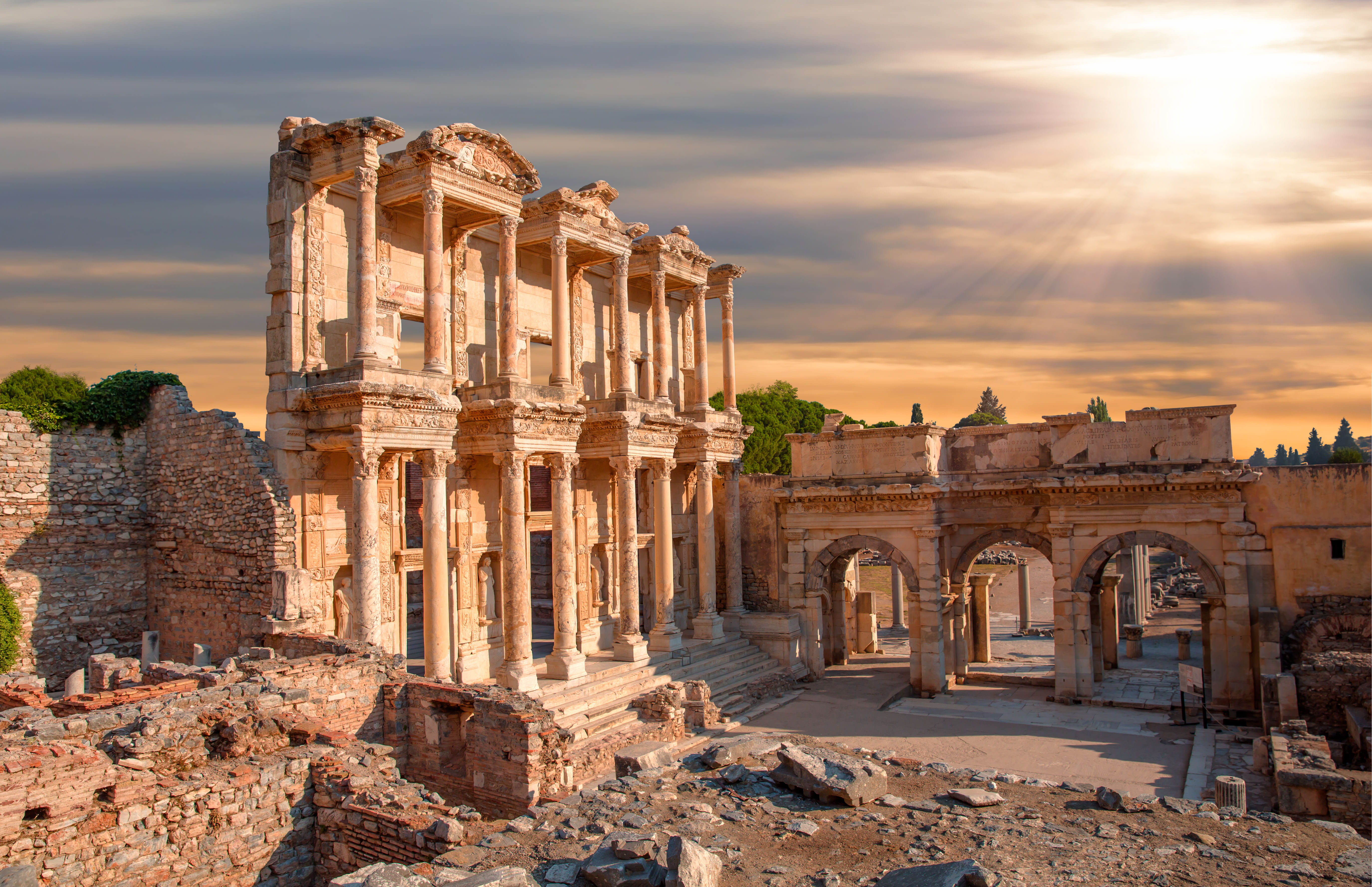 “Front view of the ancient Celsius Library ruins at Ephesus, showing its tall columns and detailed stone facade.”