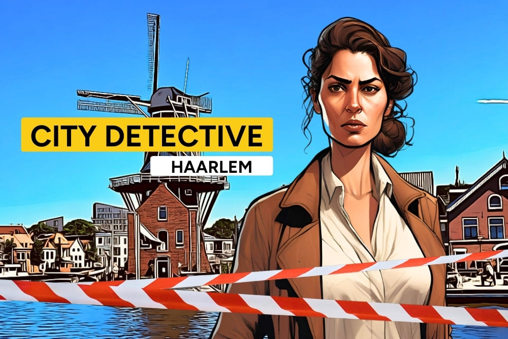 The introduction cover photo of the Haarlem Scavenger Hunt City Detective by Qugato. Game character Camila introduces herself.