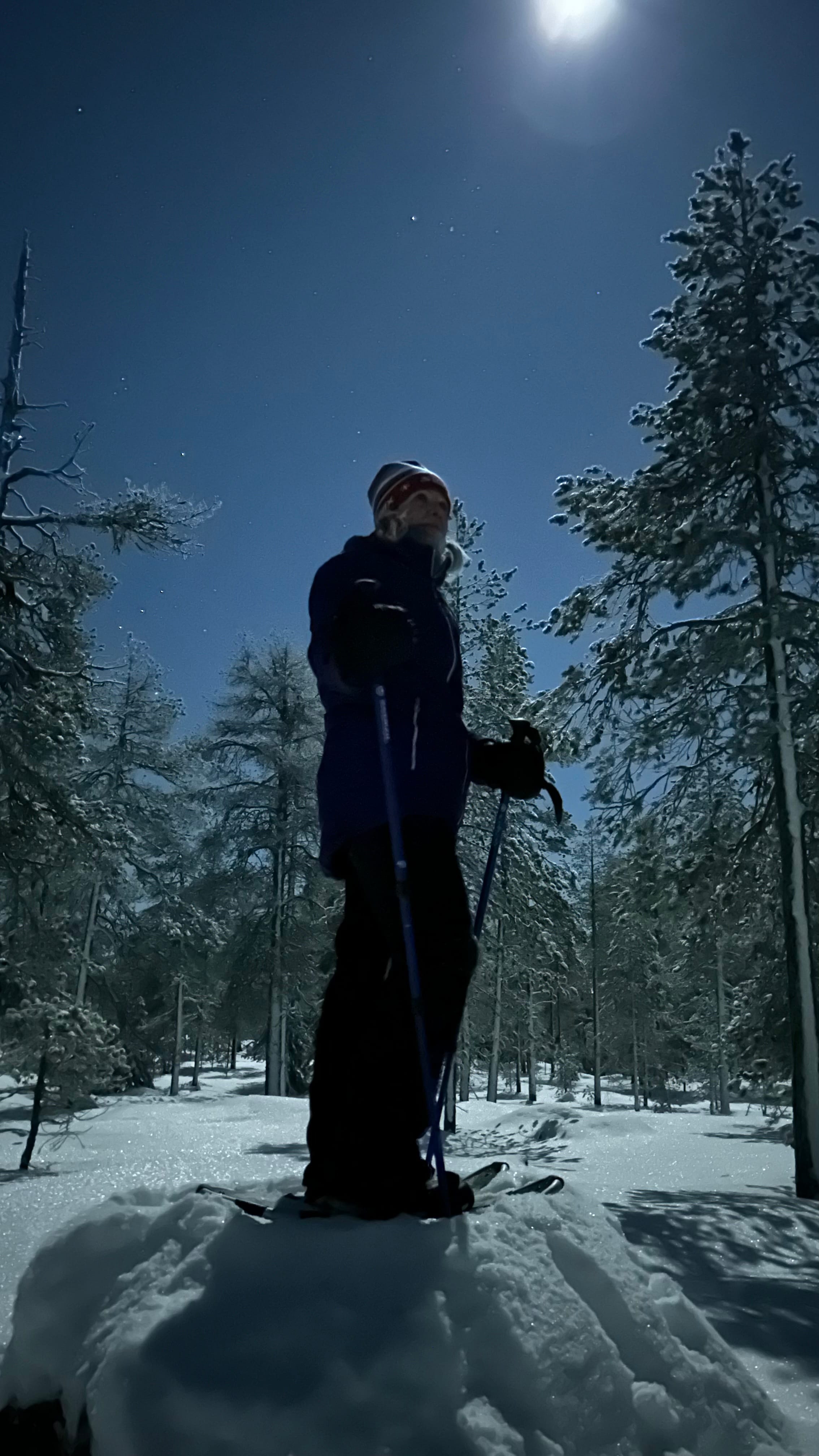 Night snowshoeing Lapland — Snowshoeing at night under bright aurora.