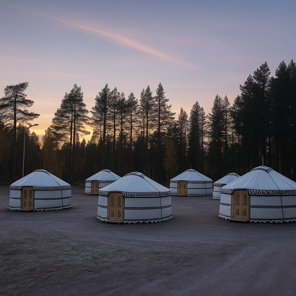Traditional white handcrafted Kyrgyz yurts in a snowy forest at Arctic Village near Levi