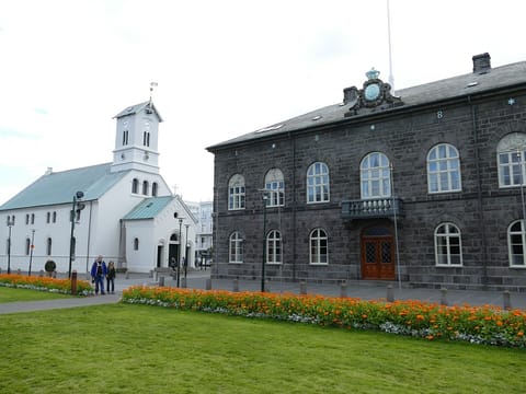 Parliament building built in 1881, next to Reykjavík's cathedral built in 1847, in Austurvöllur with blooming flowers