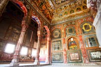 MANDAWA Interior of decorated room with old frescoes, 18th century Haveli house on February 7, 2019. With population of 21000, Mandawa is popular site with naive art Havelis homes