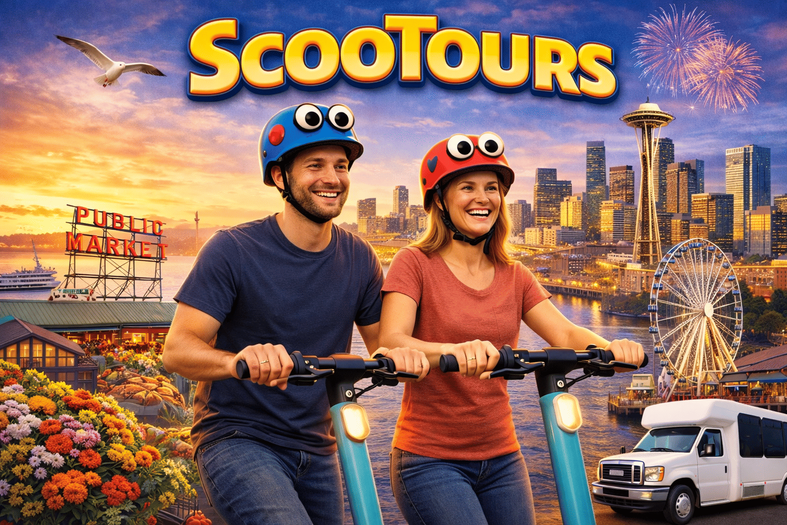 Seattle waterfront sightseeing on e-scooters. ScooTours is unique, fun and memorable