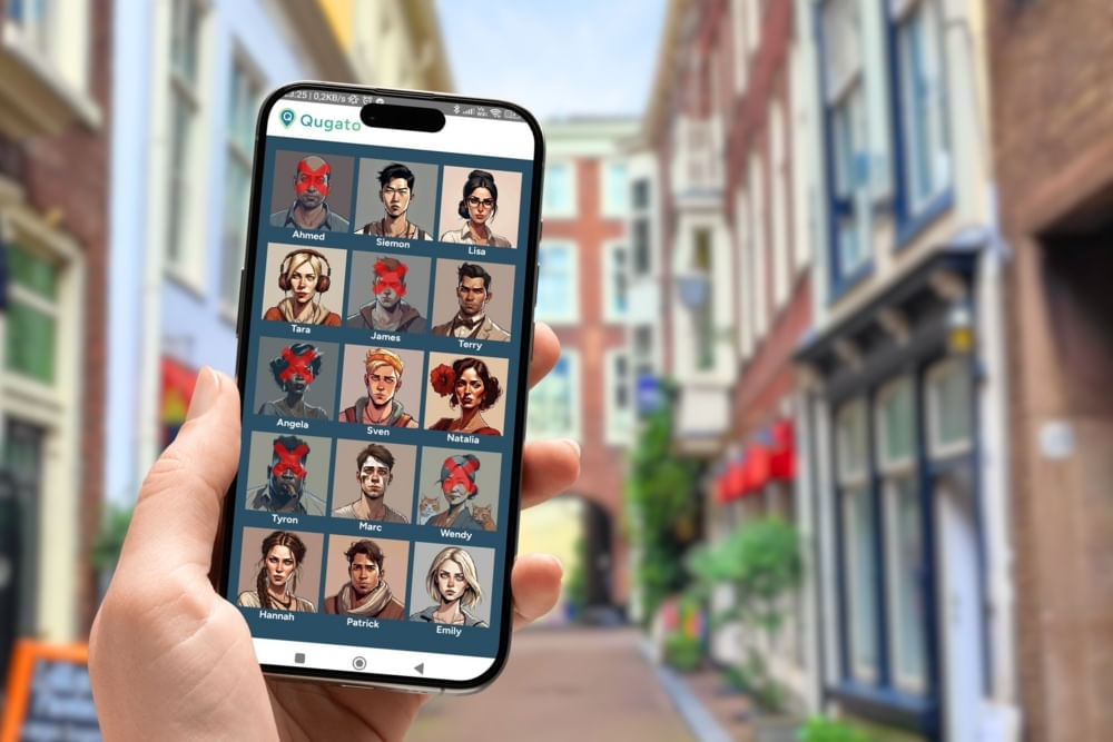 Phone showing the suspect board in the City Detective scavenger hunt by Qugato in The Hague.