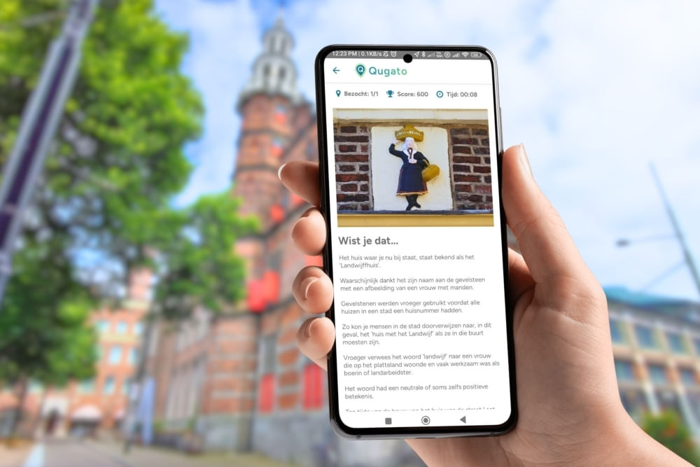 Qugato app during the City Detective The Hague scavenger hunt showing a fun fact.