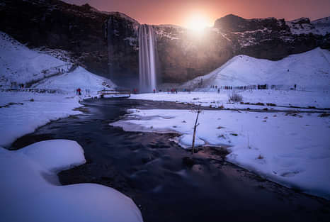 Evening sun at seljalandsfoss waterfall