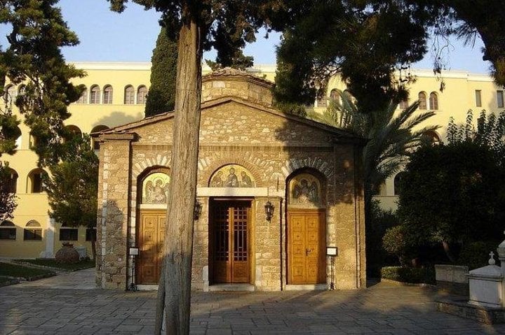 Byzantine church in a tree-lined courtyard