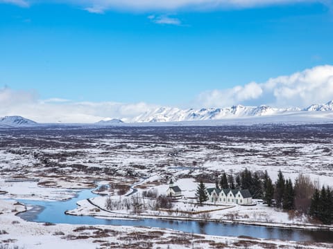 View to Parliament site and church of Thingvellir National Park
