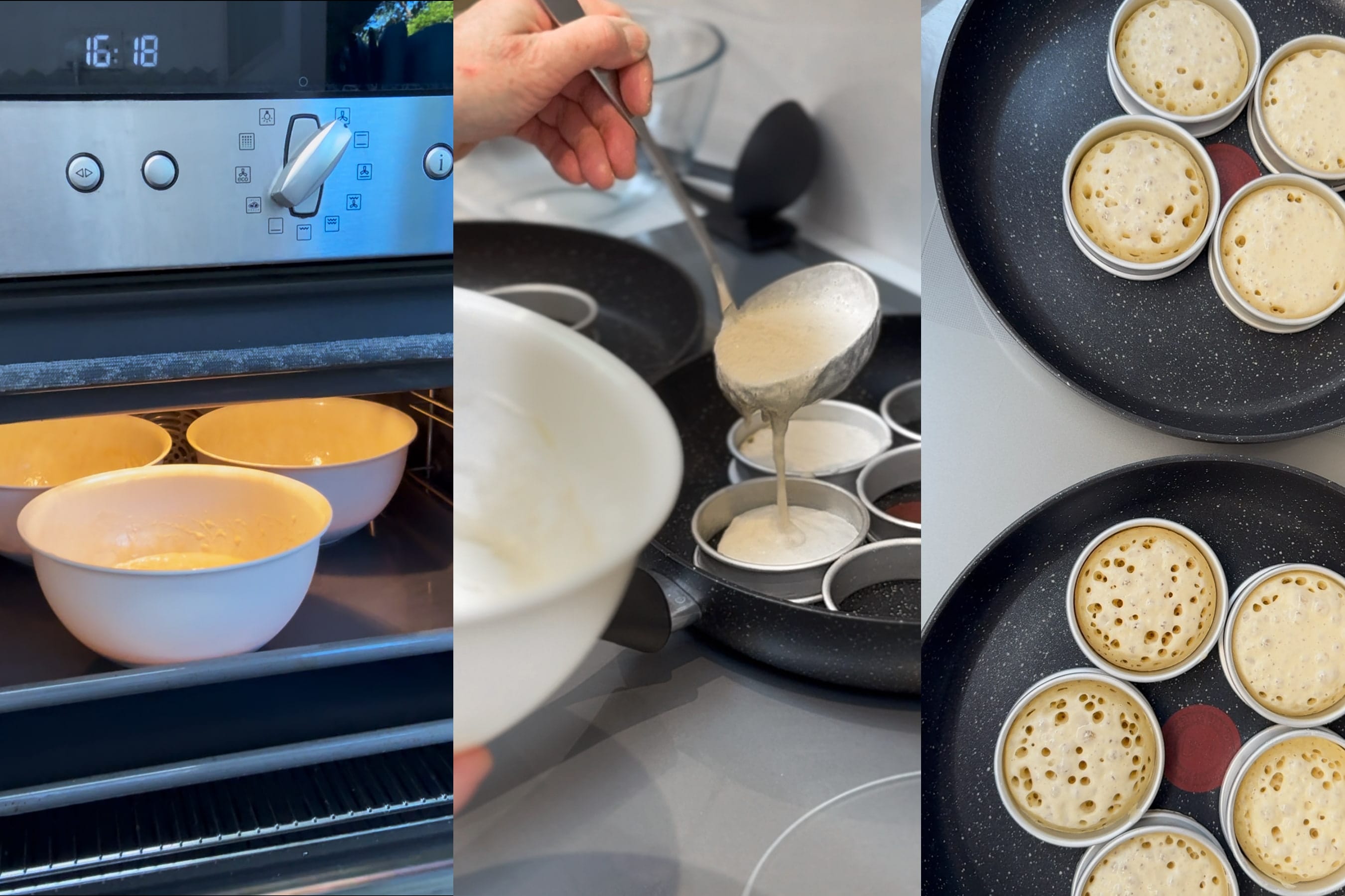 Multi image of crumpet batter proving, being poured into crumpet rings and cooked on the stove
