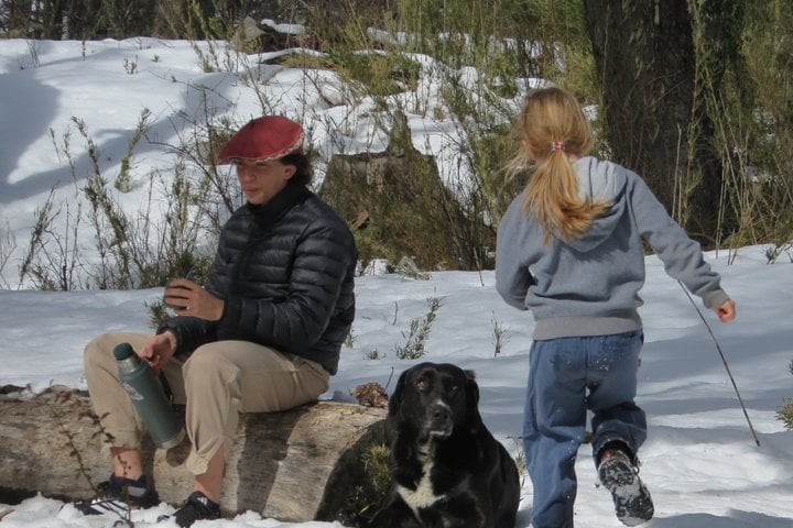 Guests and the tour dog pausing in the snowy lenga forest during the San Martín de los Andes private 4x4 tour