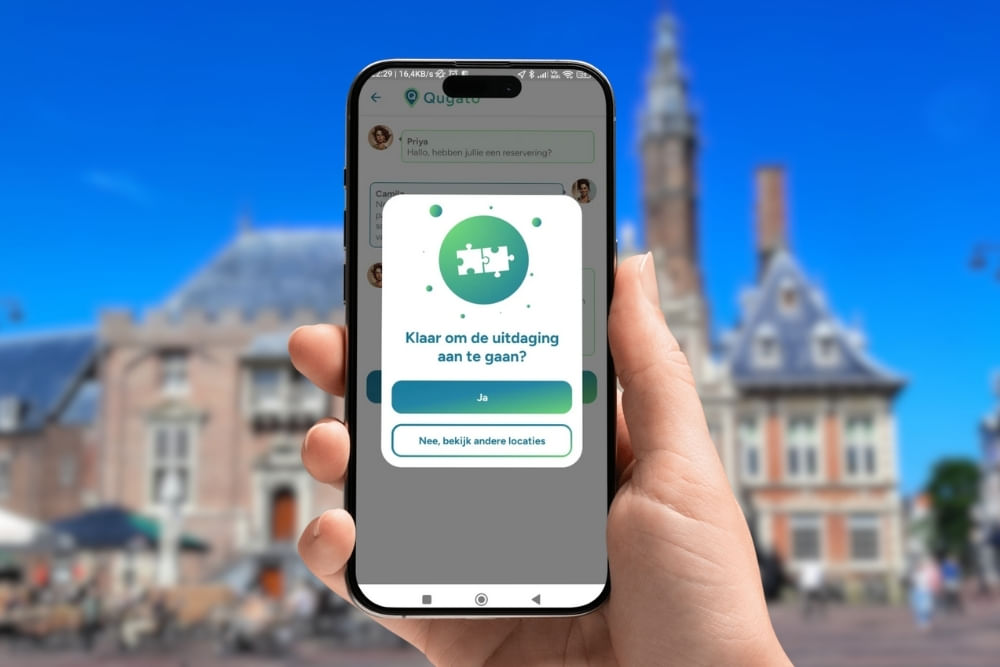 Phone showing the app interface of the Haarlem City Detective game.