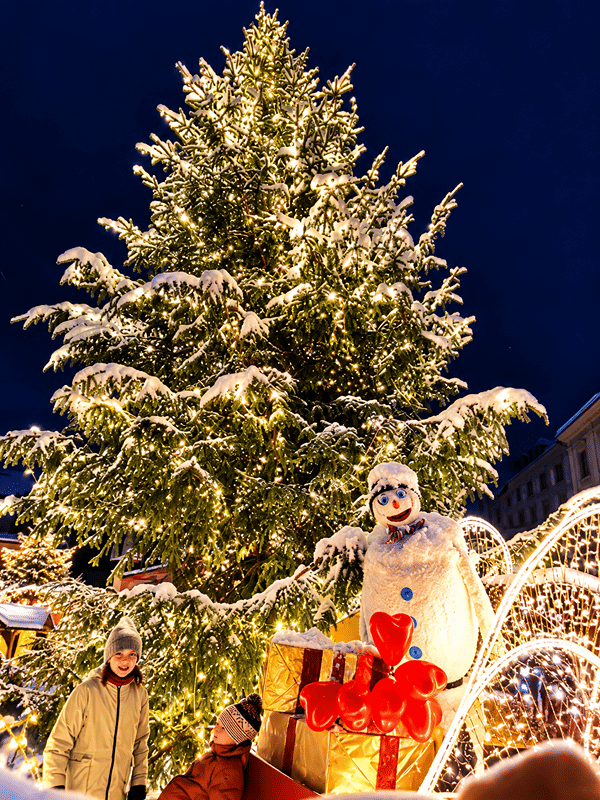 Uma árvore de Natal coberta de neve e de luzes.