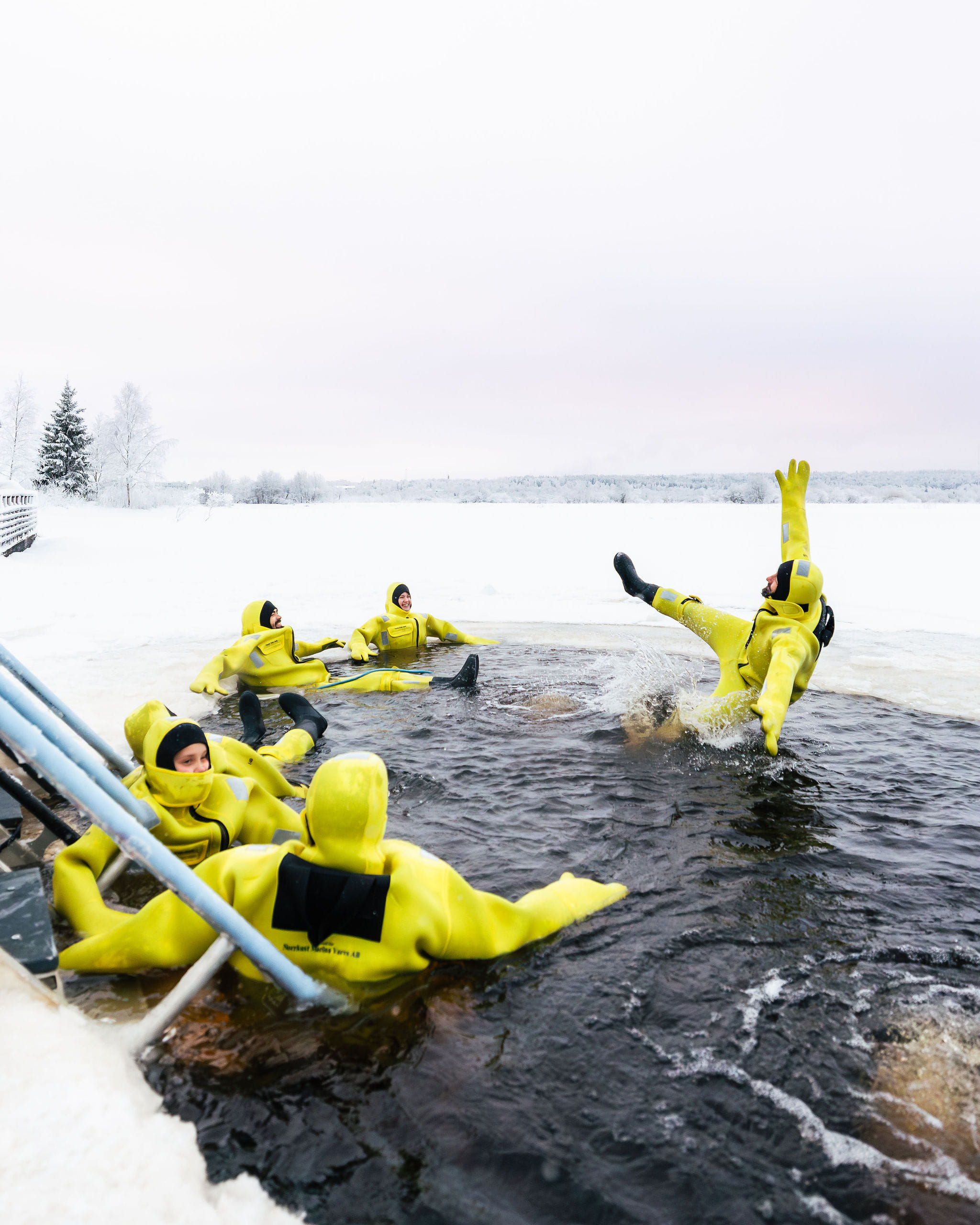 A man jumping to the icy water