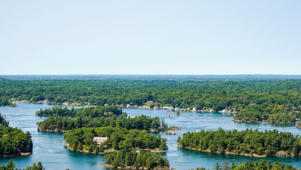 Aerial view of the 1000 Islands and St. Lawrence River in Ontario, Canada.